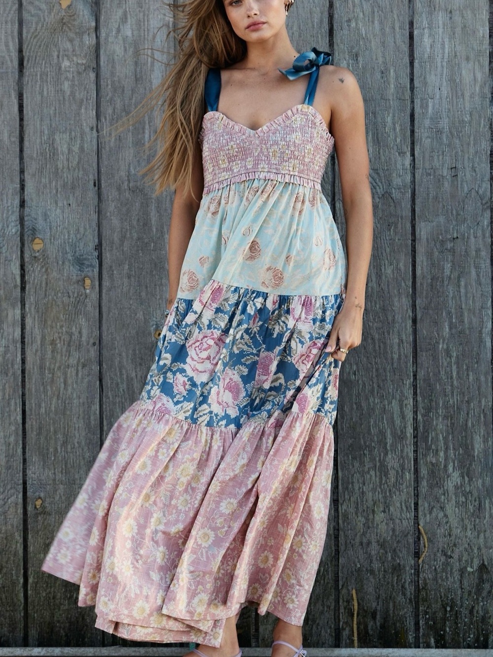 Free People Bluebell Smocked Peplum Floral Tiered Maxi Dress Antique Combo Small
